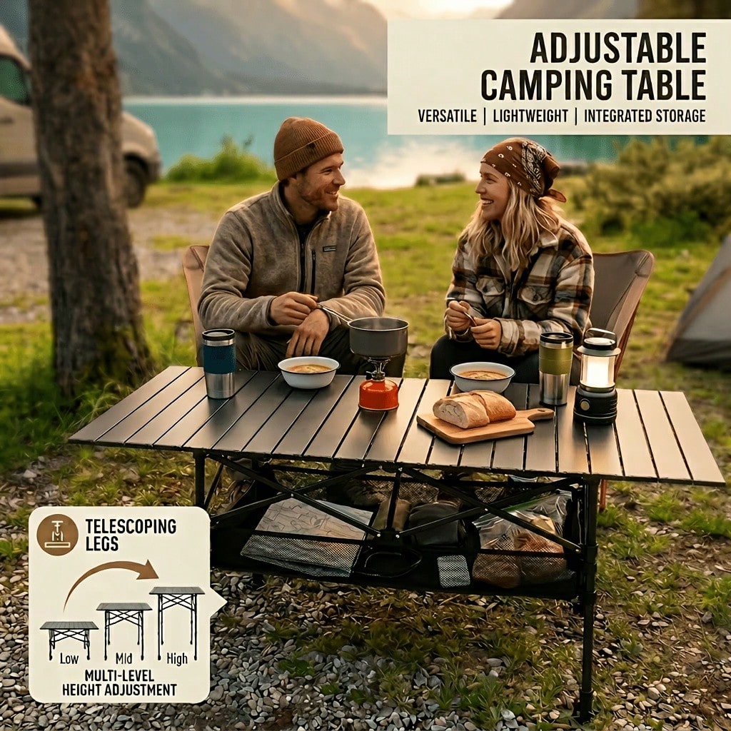 Camping Cooking Equipment Bag - Portable Height-Adjustable Folding Table With Storage