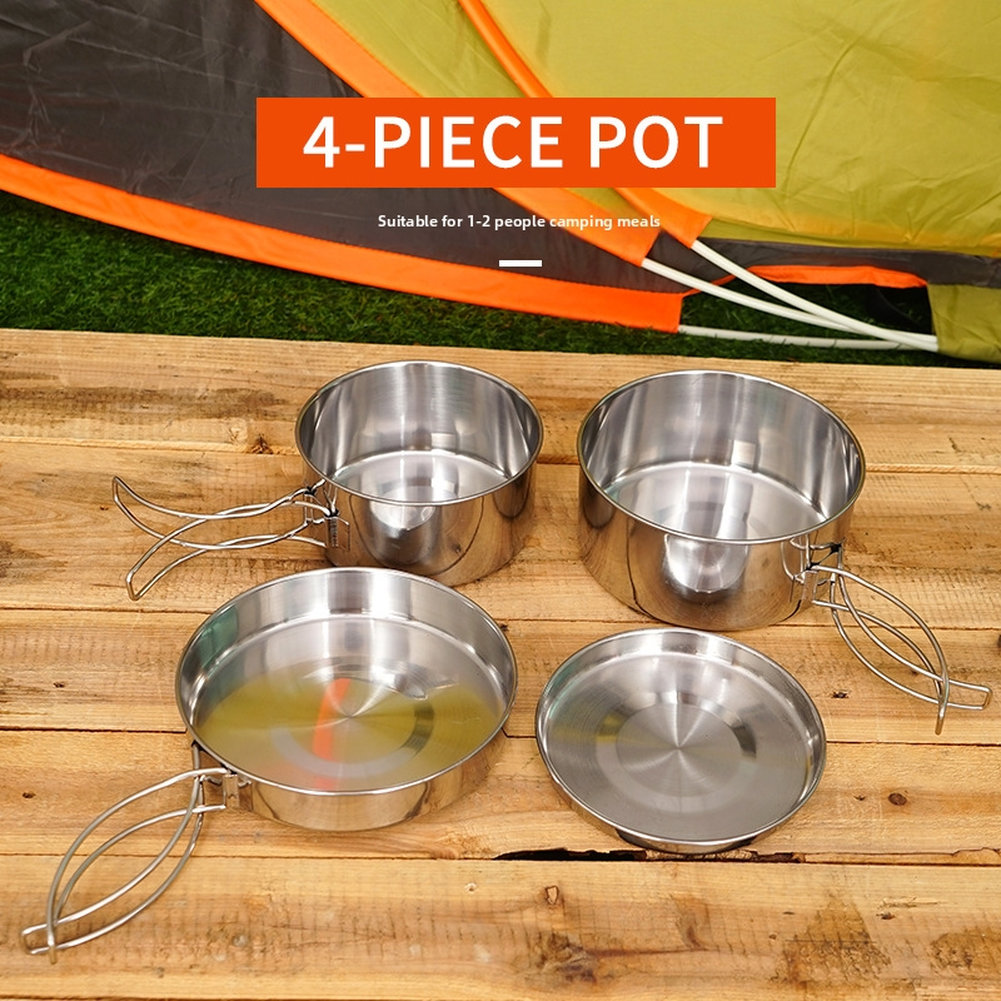 Camping Cooking Set 2 Person - Outdoor 4-Piece Stainless Steel Cookware Set